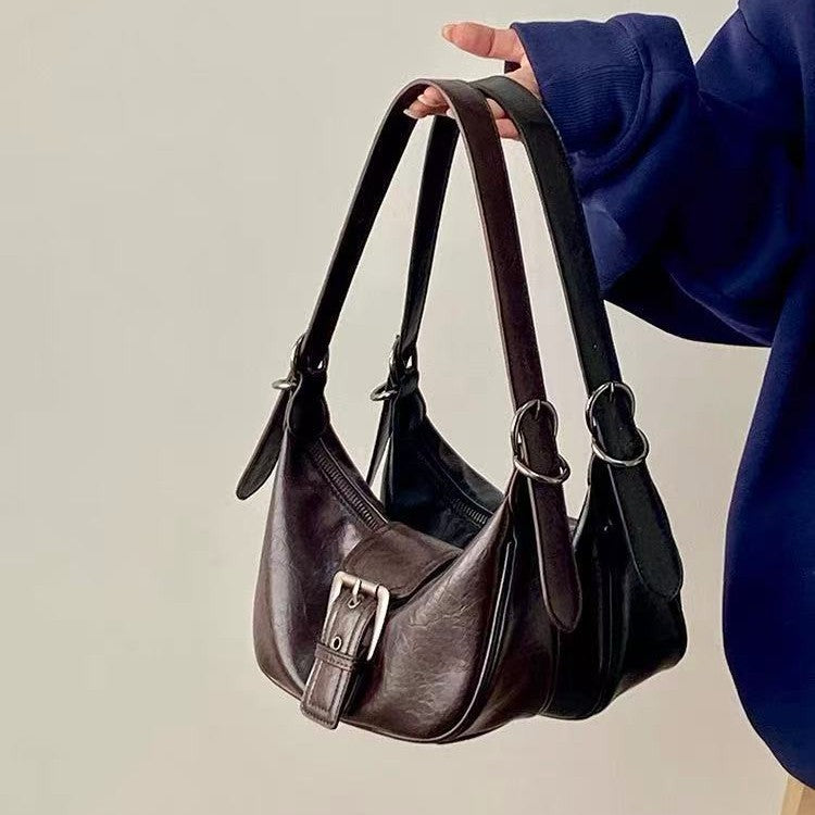 Buckle Crescent Faux Leather Shoulder Bag