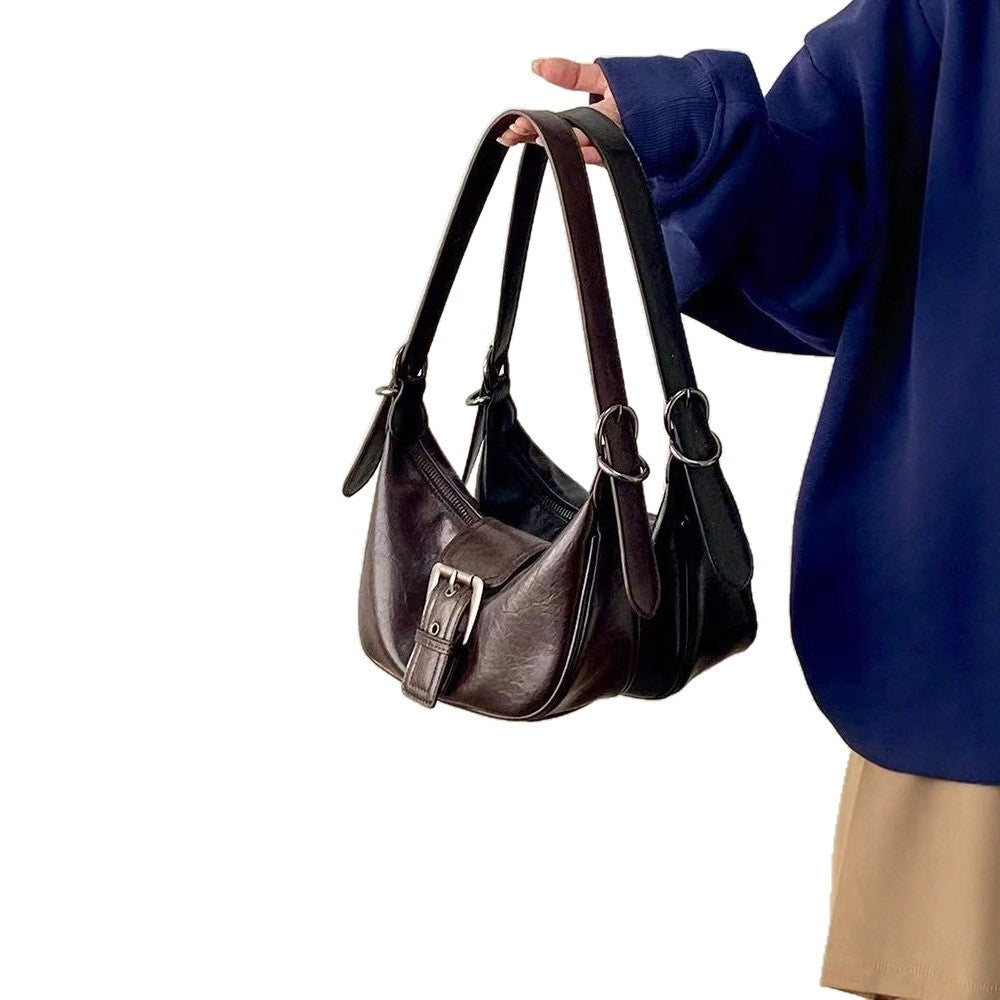 Buckle Crescent Faux Leather Shoulder Bag