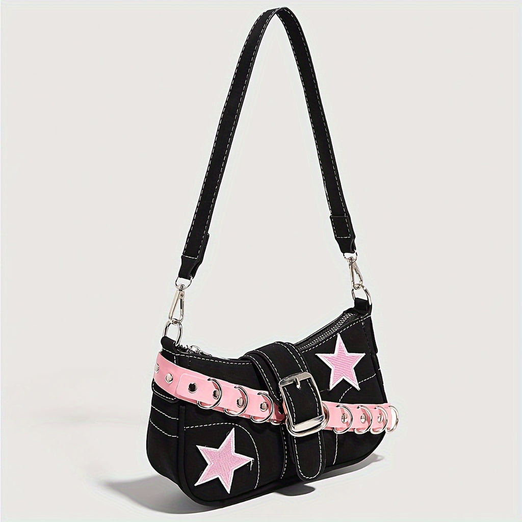 Studded Belt Strap Star Baguette Bag - Pink