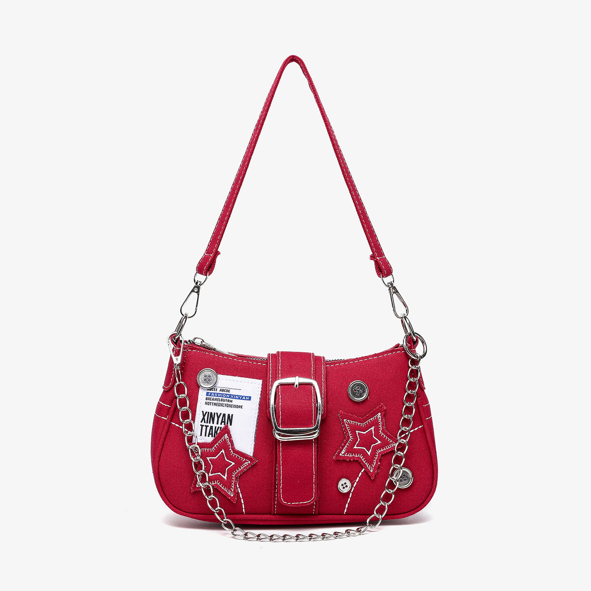 Studded Belt Strap Star Baguette Bag - Red