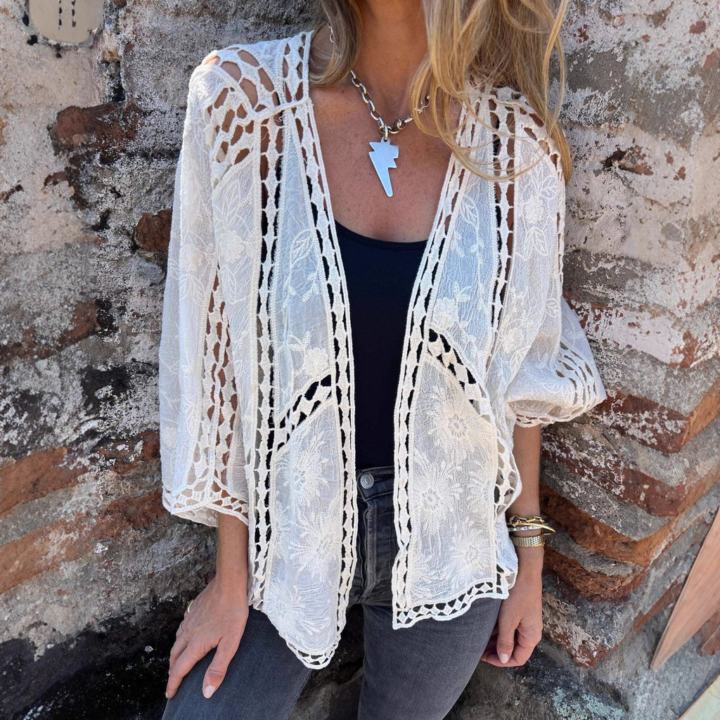 Sheer Crochet Lace Open Front Kimono Blouse - Beige
