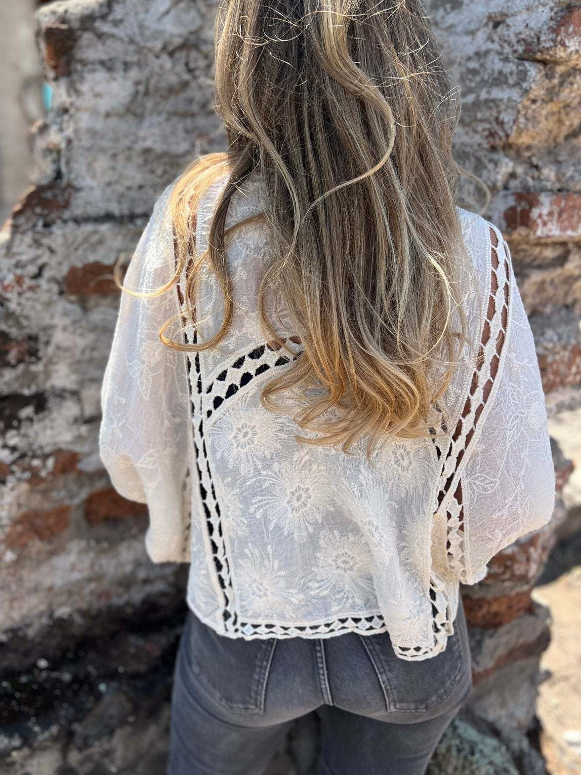 Sheer Crochet Lace Open Front Kimono Blouse - Beige - 1