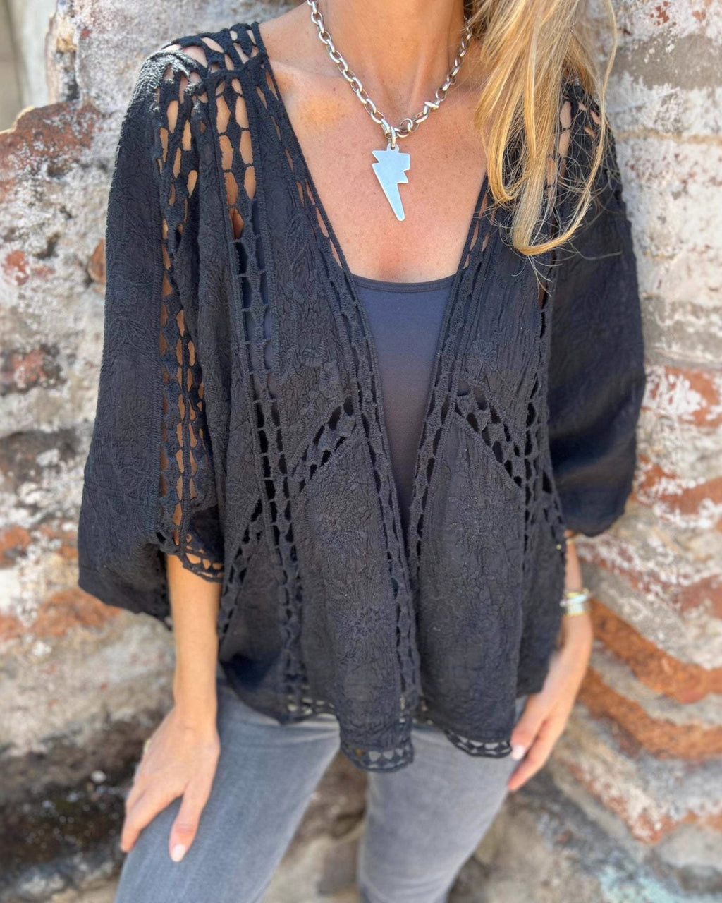 Sheer Crochet Lace Open Front Kimono Blouse - Black