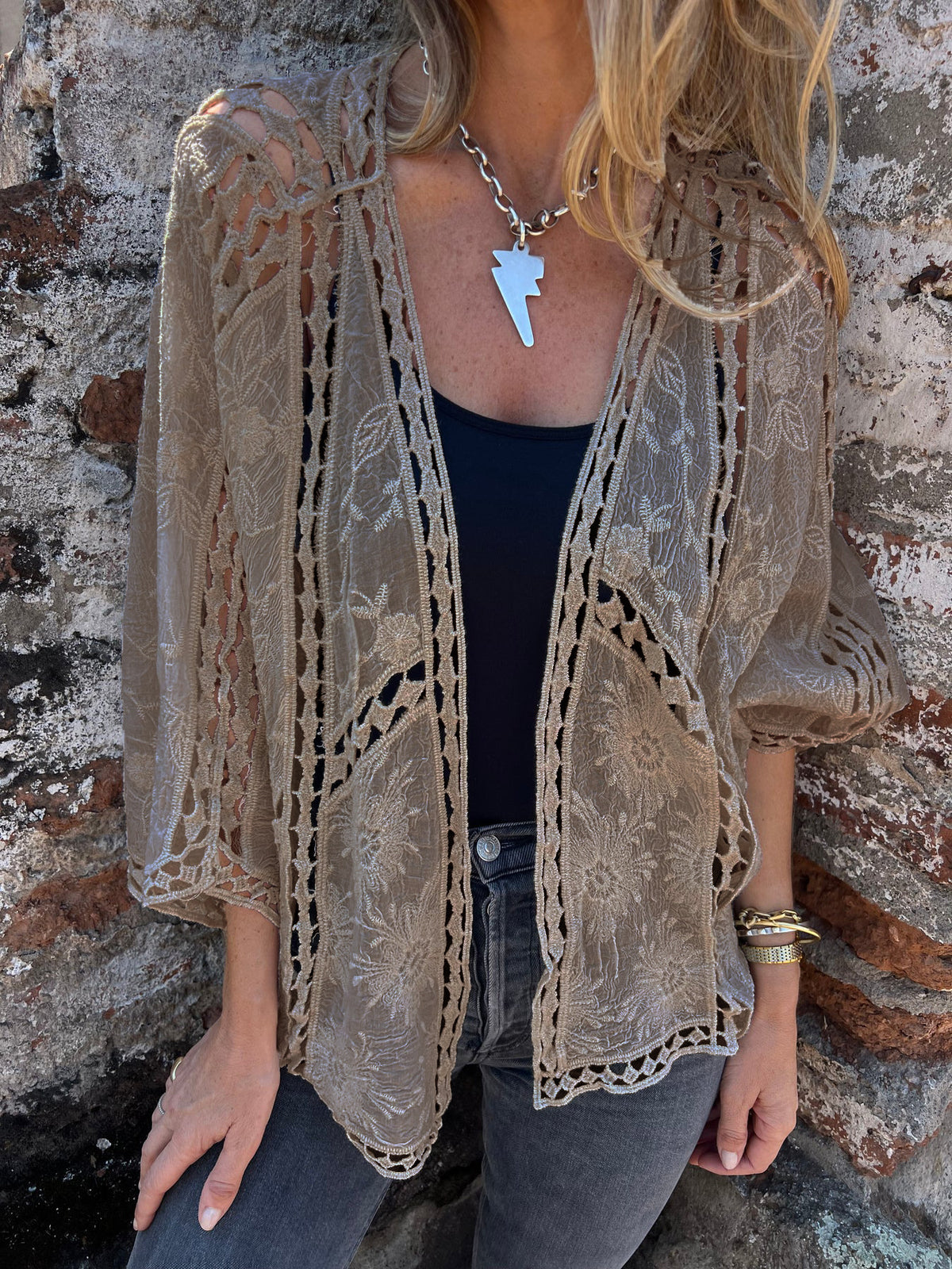Sheer Crochet Lace Open Front Kimono Blouse - Coffee