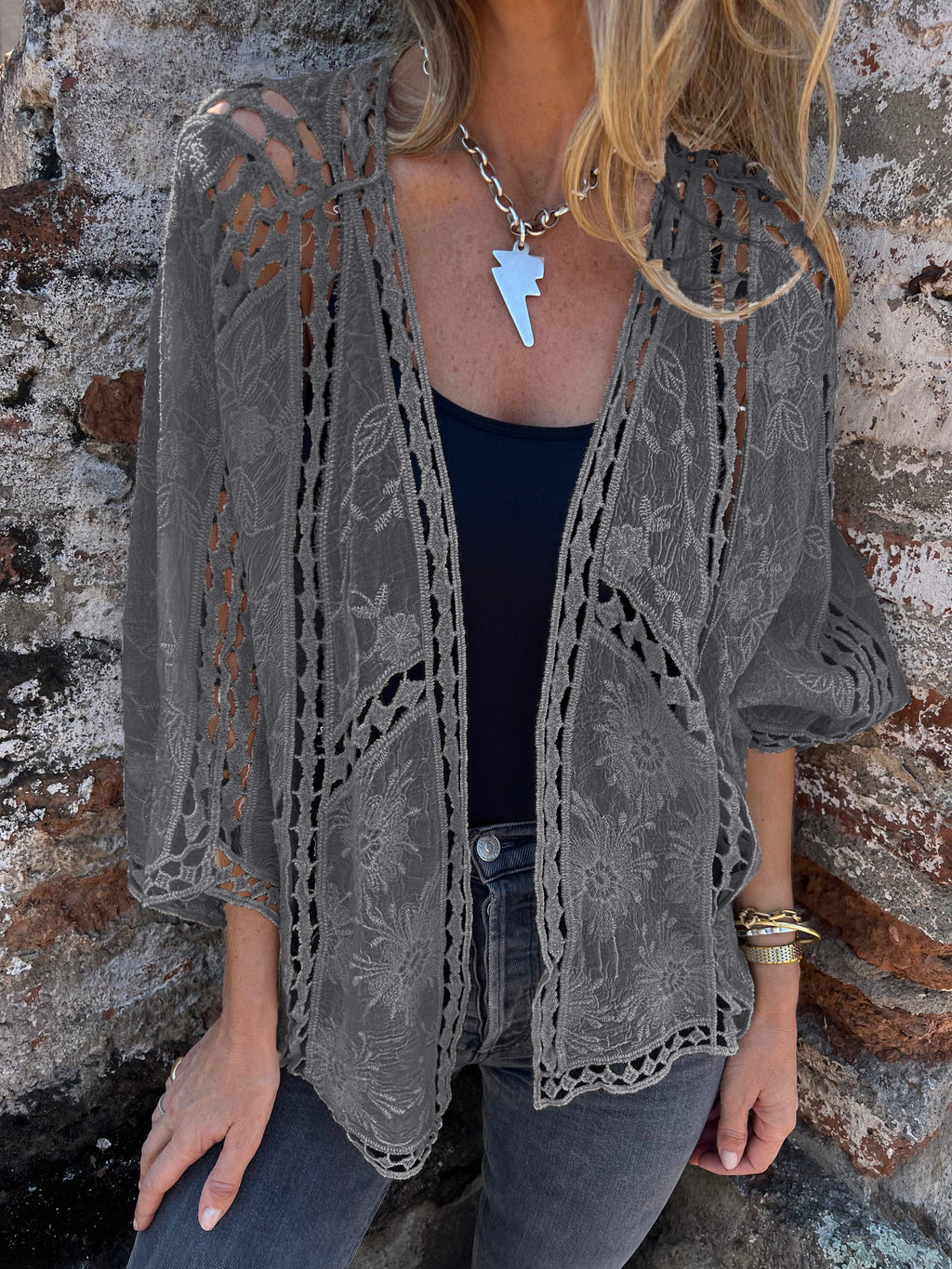 Sheer Crochet Lace Open Front Kimono Blouse - Grey