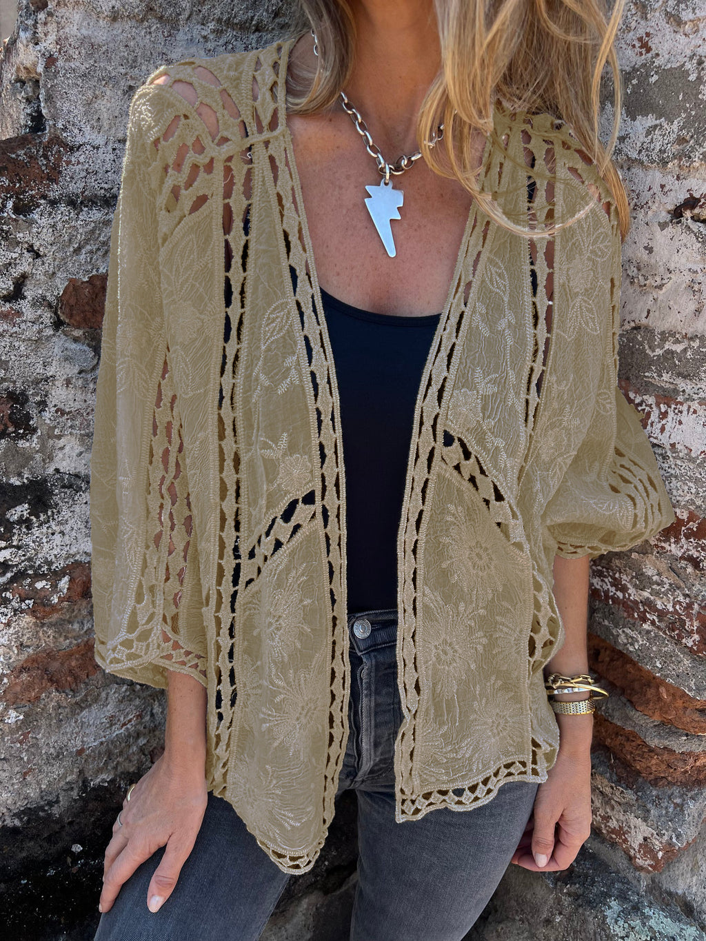 Sheer Crochet Lace Open Front Kimono Blouse - Khaki