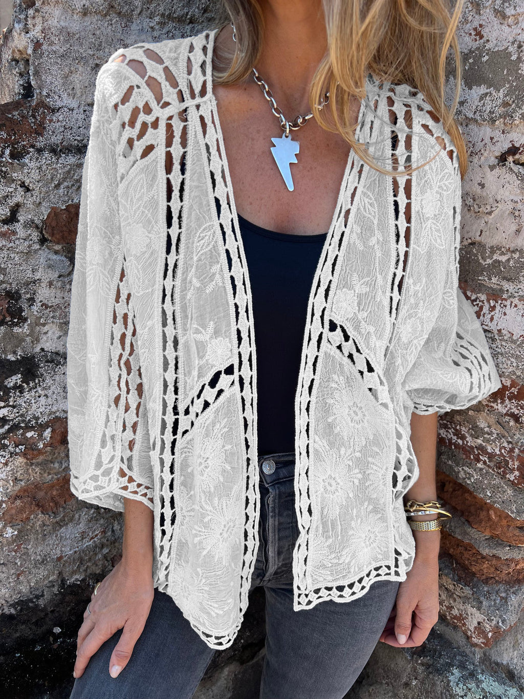 Sheer Crochet Lace Open Front Kimono Blouse - White