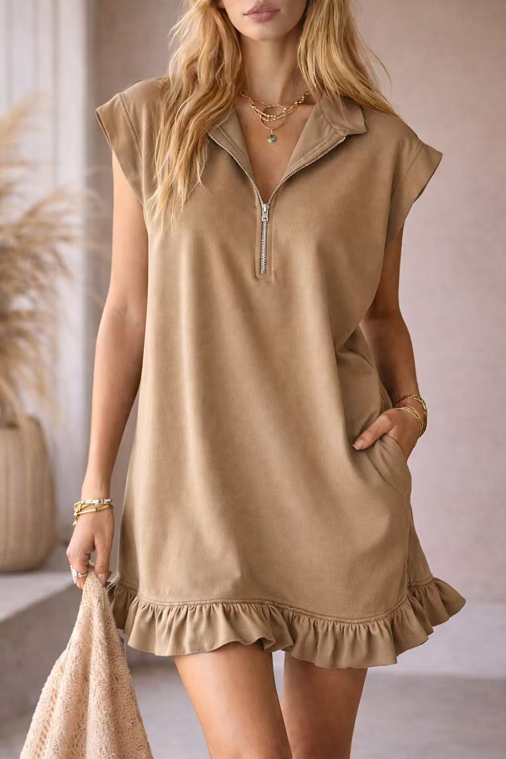 Ruffle Hem Zip Collar Mini Shift Dress - Khaki