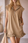 Ruffle Hem Zip Collar Mini Shift Dress - Khaki