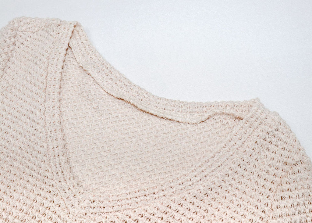 Waffle Knit V Neck Crop Top - almond - 2