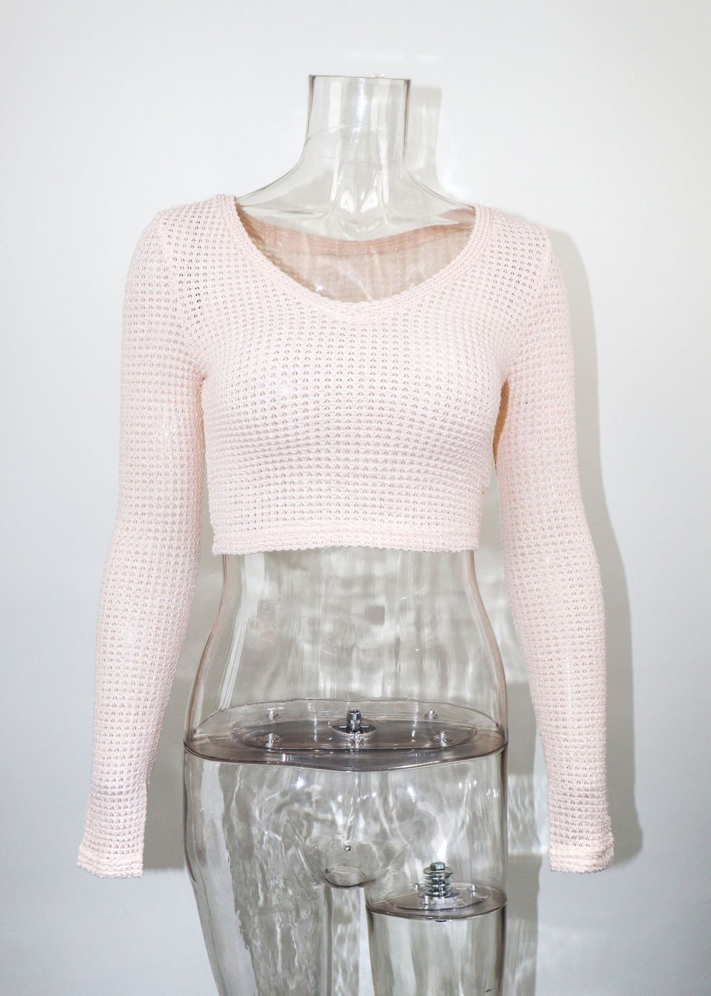 Waffle Knit V Neck Crop Top - almond - 4