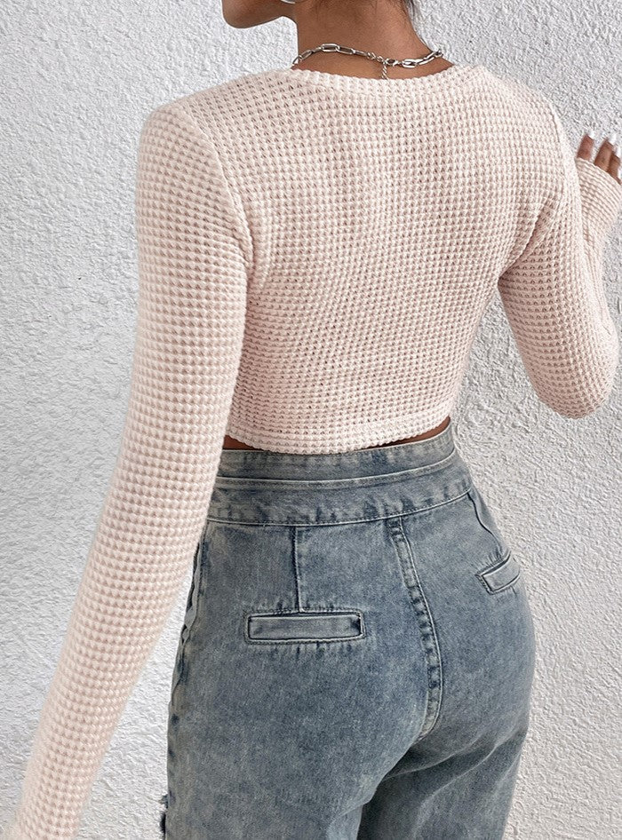 Waffle Knit V Neck Crop Top - almond - 5