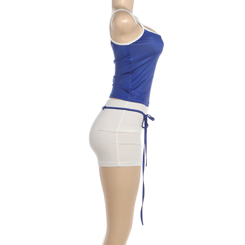 Ruched Drawstring Mini Skirt and Cami Set - DarkBlue - 3
