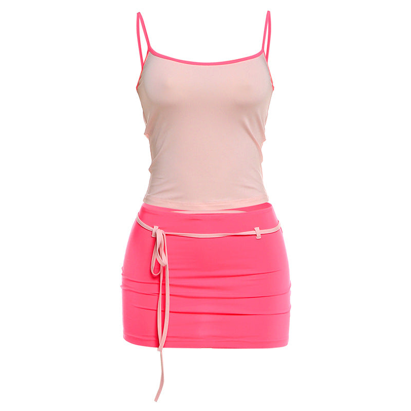 Ruched Drawstring Mini Skirt and Cami Set - Pink