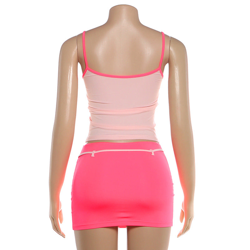 Ruched Drawstring Mini Skirt and Cami Set - Pink - 4