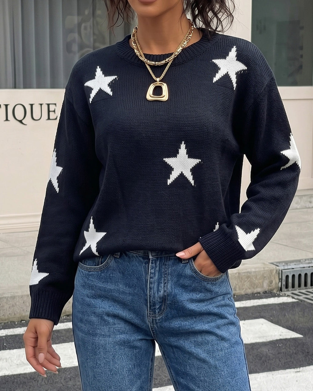 Star Pattern Drop Shoulder Knit Sweater - Black