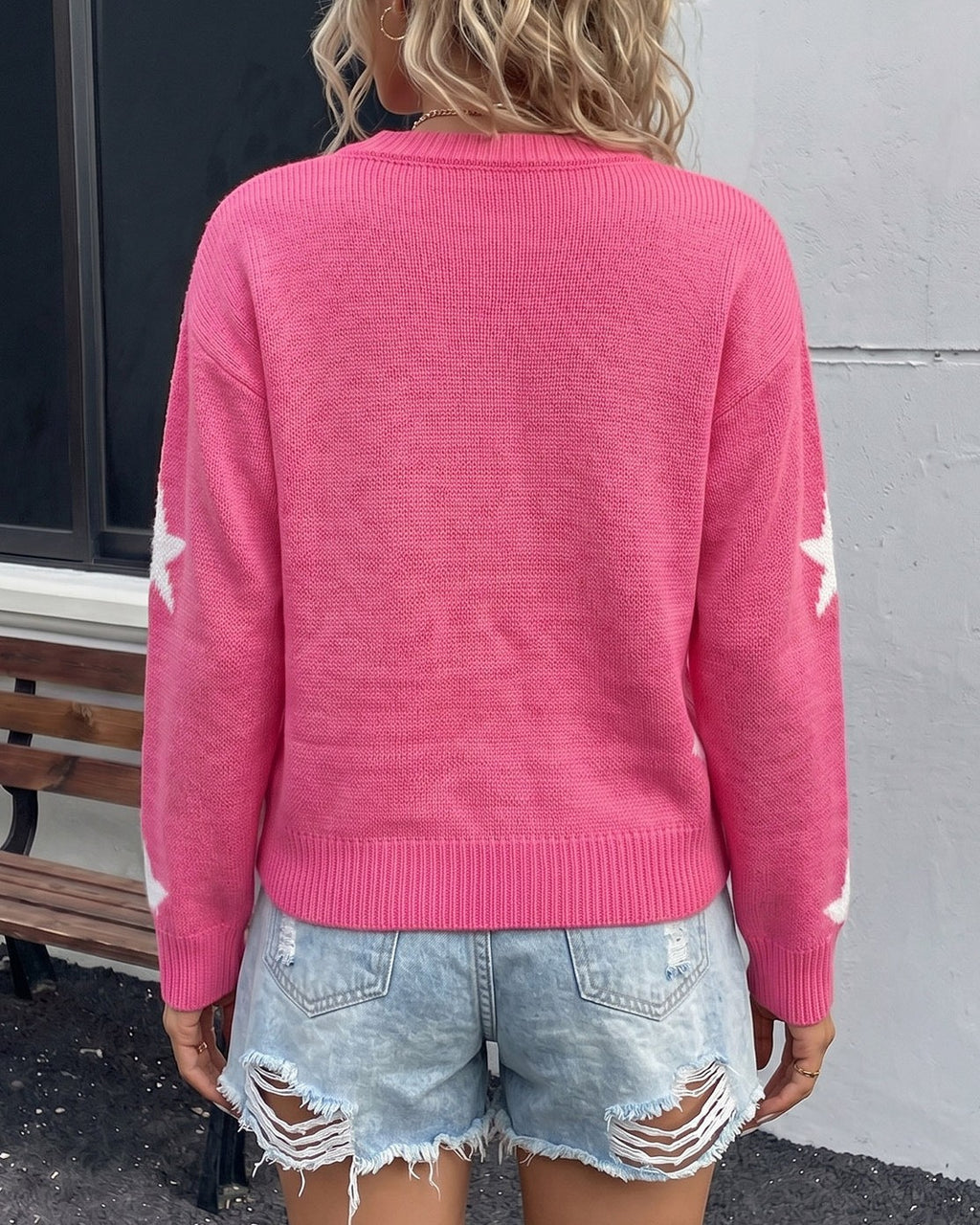 Star Pattern Drop Shoulder Knit Sweater - Rose-Red - 1