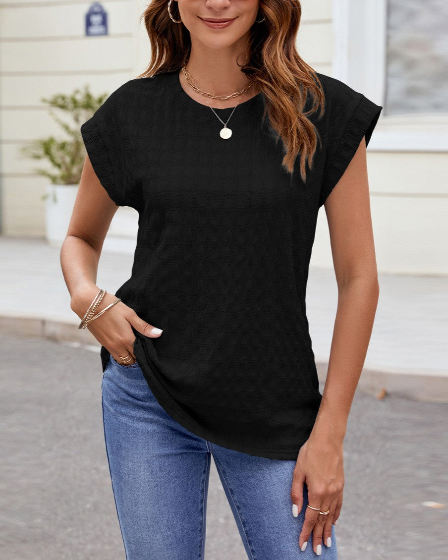 Textured Knit Cap Sleeve Curved Hem Tee - Black