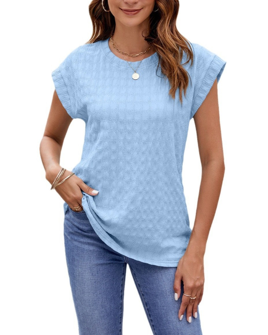 Textured Knit Cap Sleeve Curved Hem Tee - Sky-Blue
