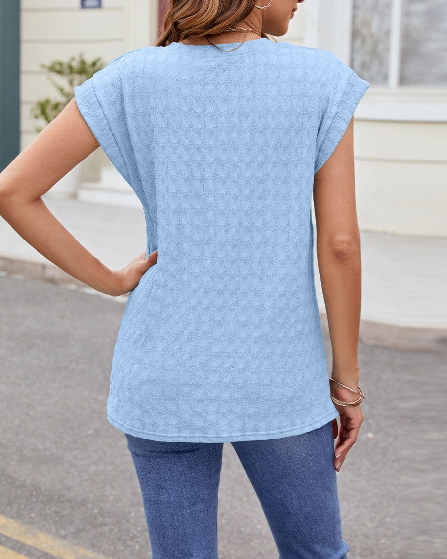 Textured Knit Cap Sleeve Curved Hem Tee - Sky-Blue - 1