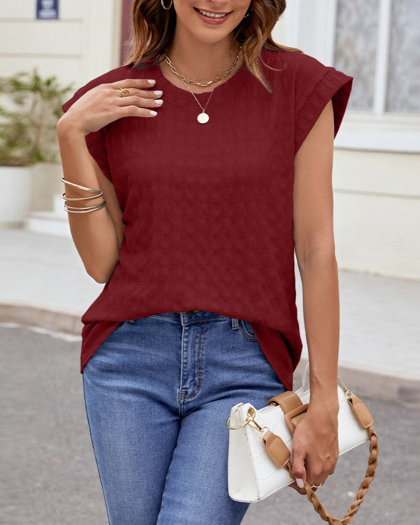 Textured Knit Cap Sleeve Curved Hem Tee - Wine-Red