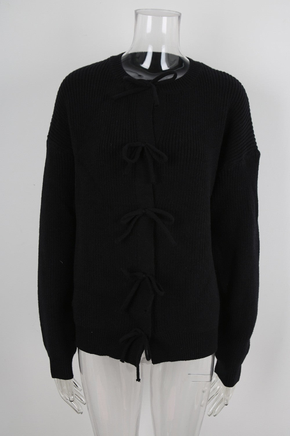 Triple Bow Crewneck Knit Cardigan - Black