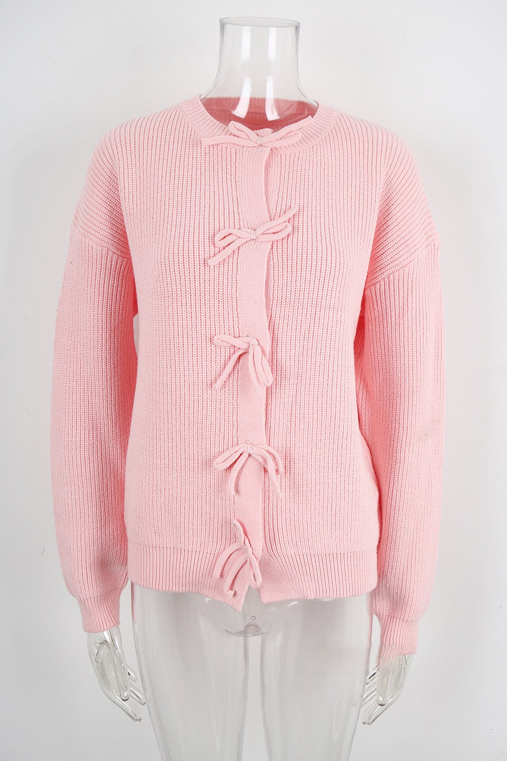Triple Bow Crewneck Knit Cardigan - Pink