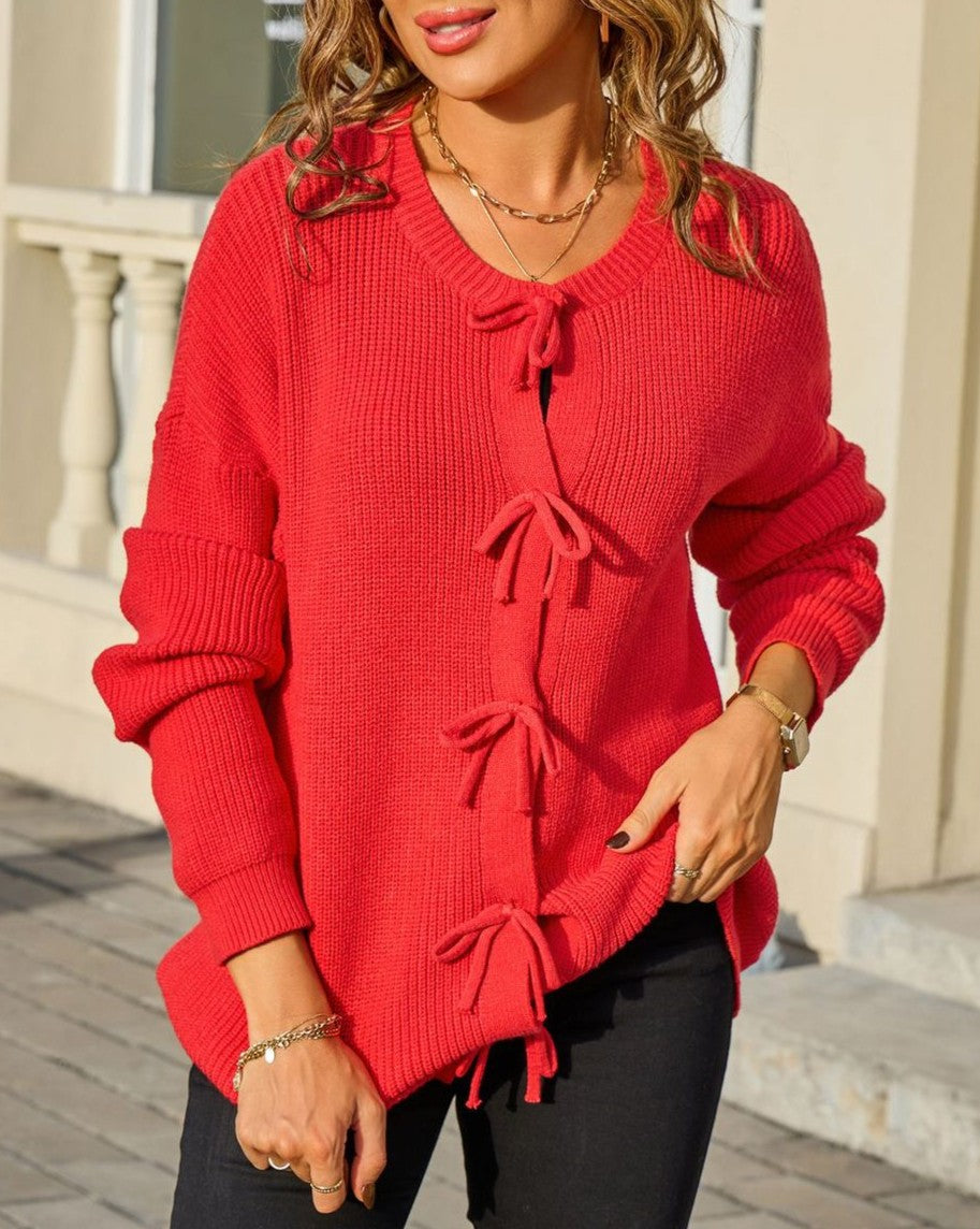 Triple Bow Crewneck Knit Cardigan - Red