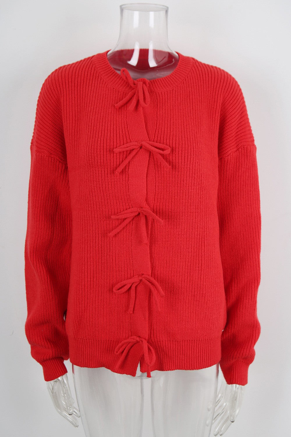 Triple Bow Crewneck Knit Cardigan - Red - 1