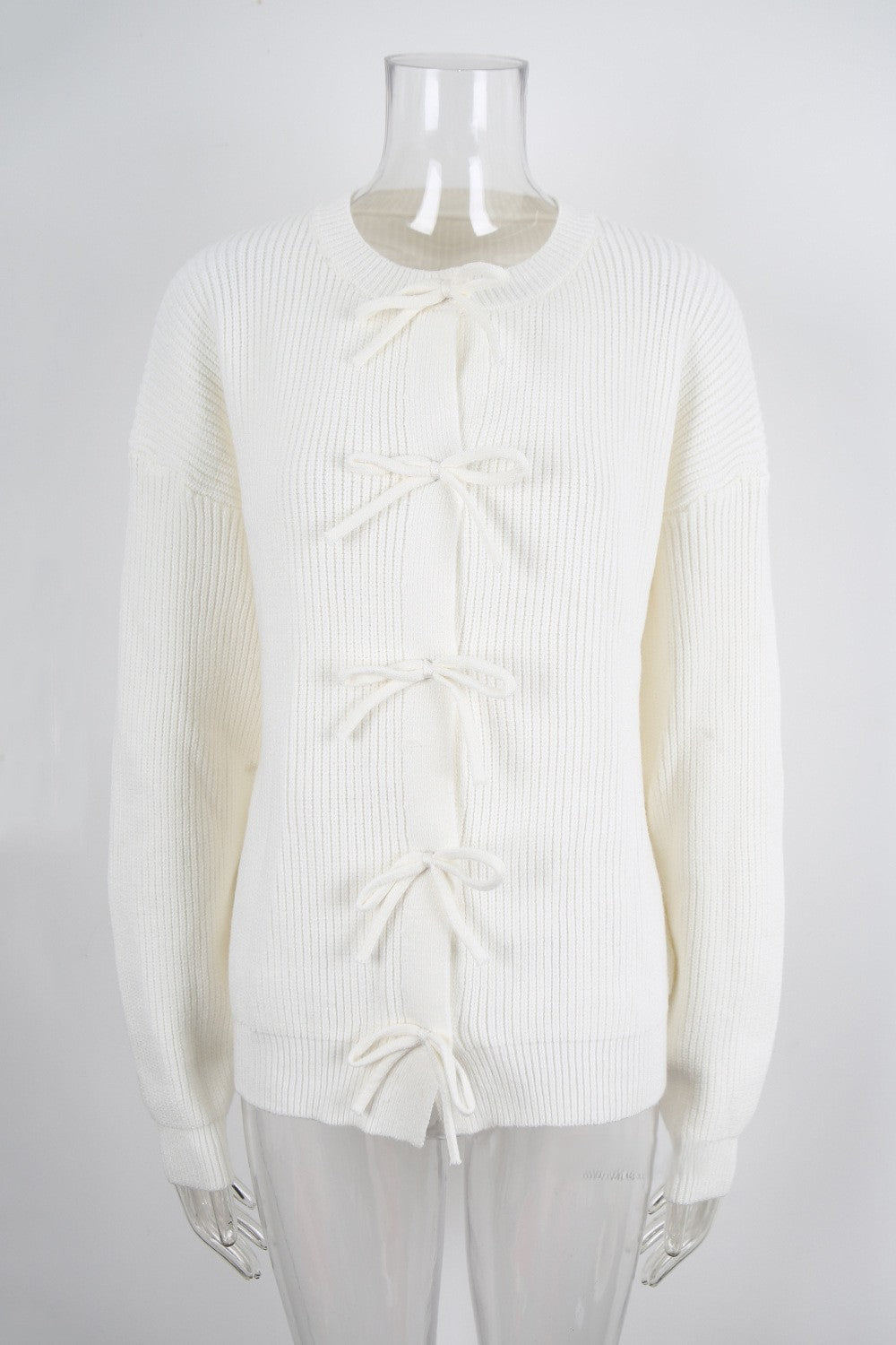 Triple Bow Crewneck Knit Cardigan - White