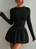 Ruched Waist Bubble Hem Mini Dress - Black