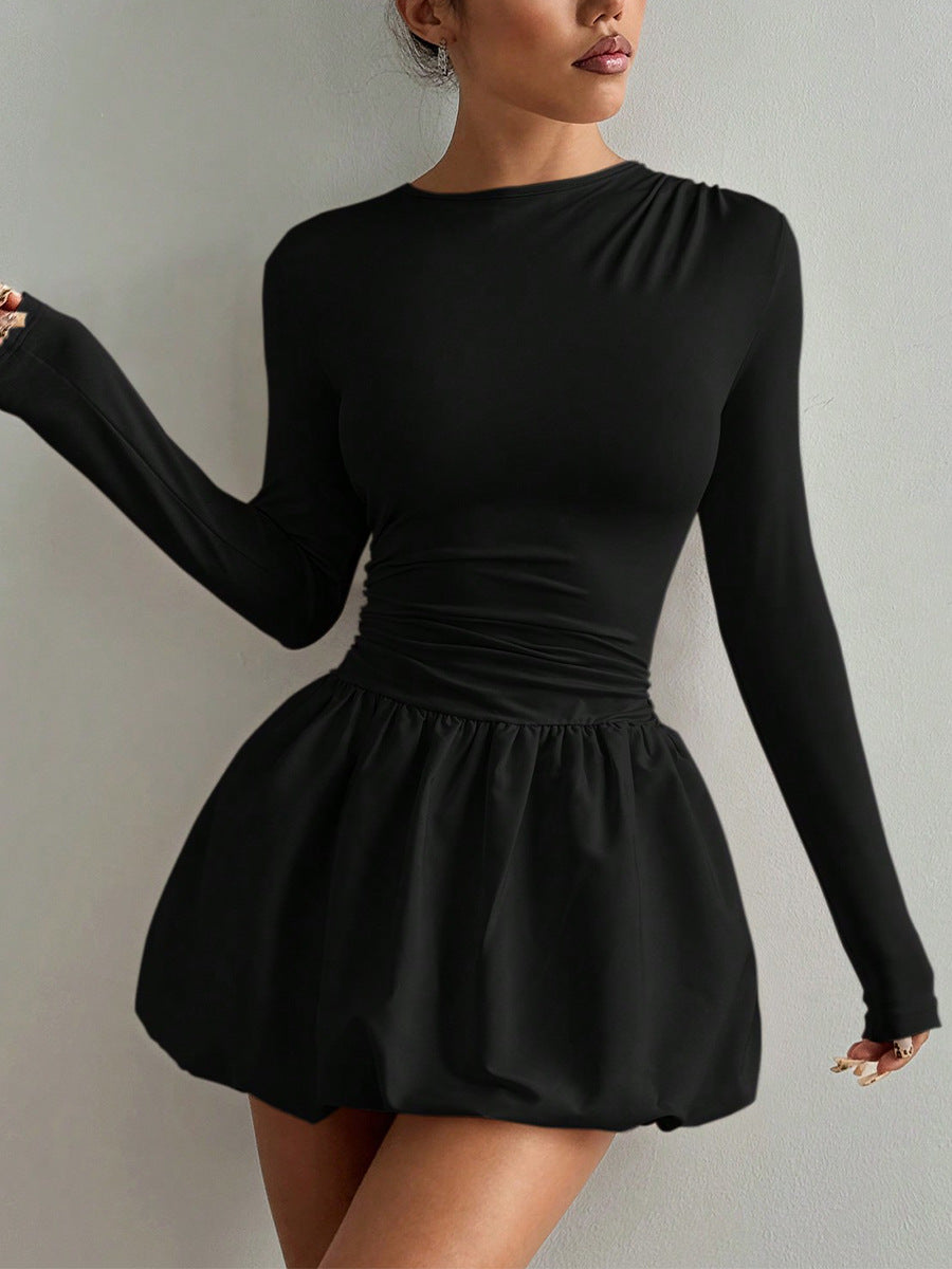 Ruched Waist Bubble Hem Mini Dress - Black