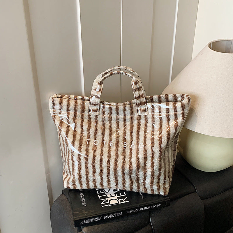 Retro Striped Tote Bag With Top Handles - Brown