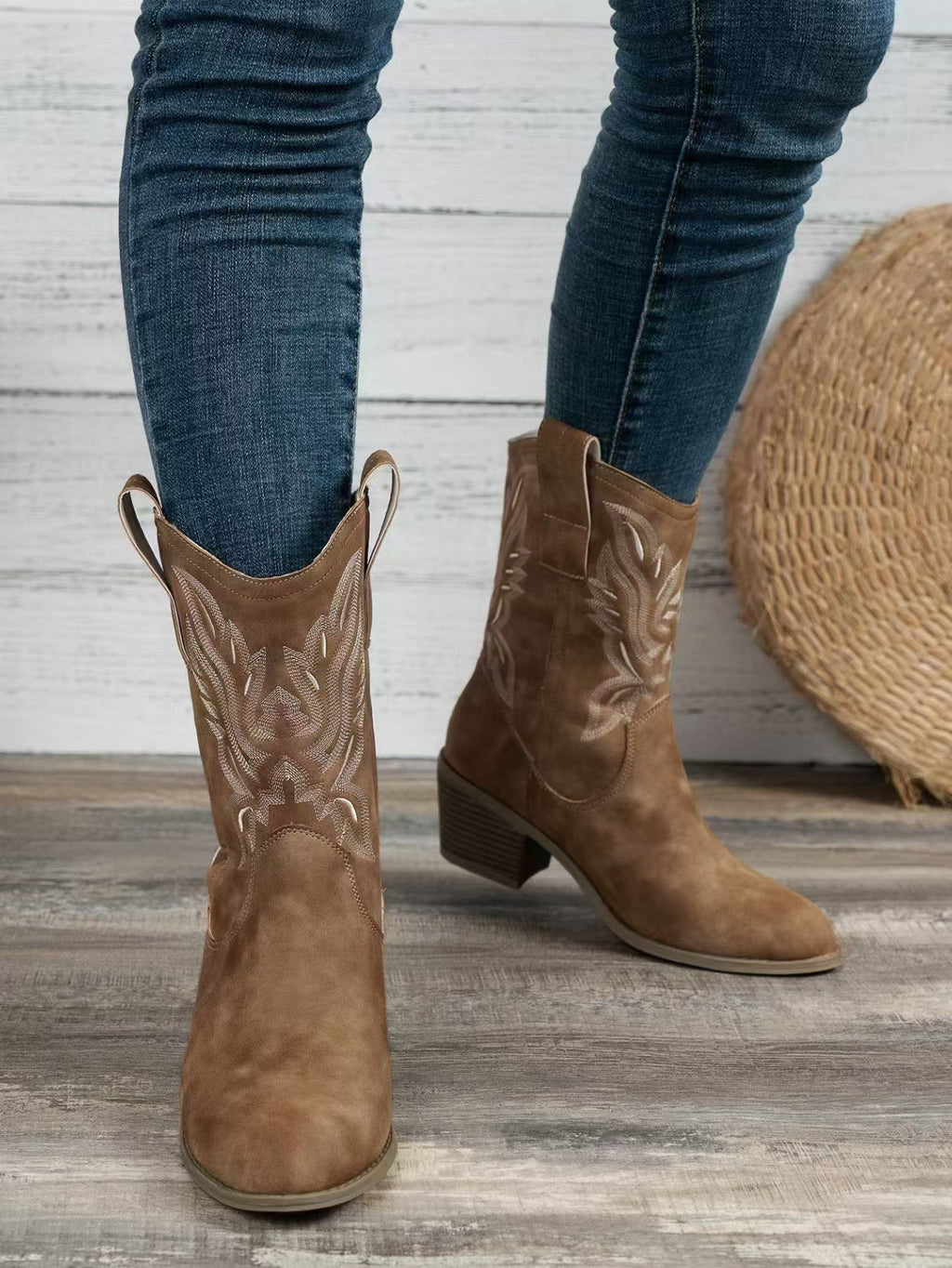 Embroidered Pull-On Western Mid Calf Boots - Brown