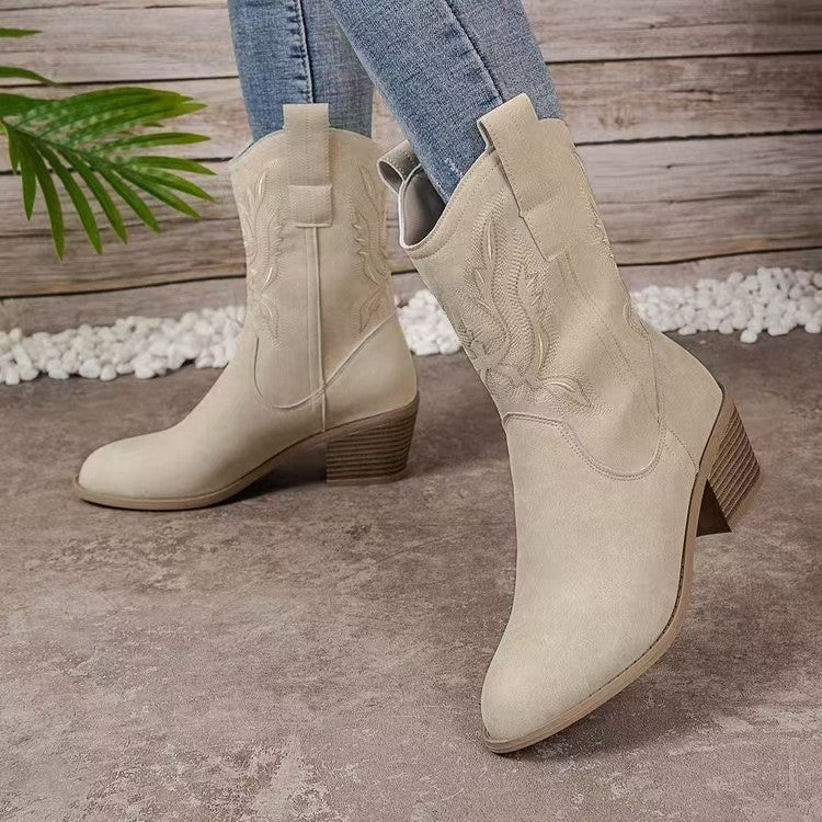 Embroidered Pull-On Western Mid Calf Boots
