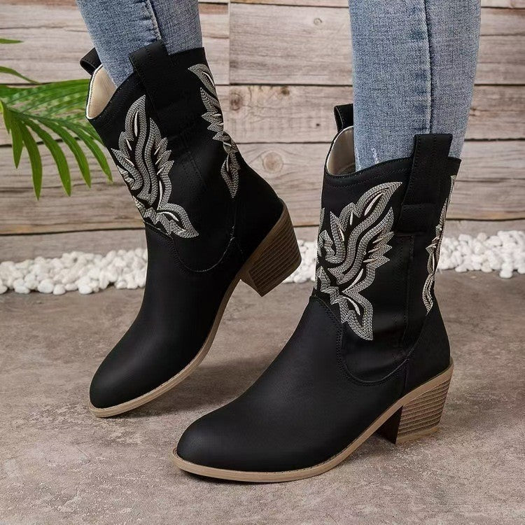 Embroidered Pull-On Western Mid Calf Boots