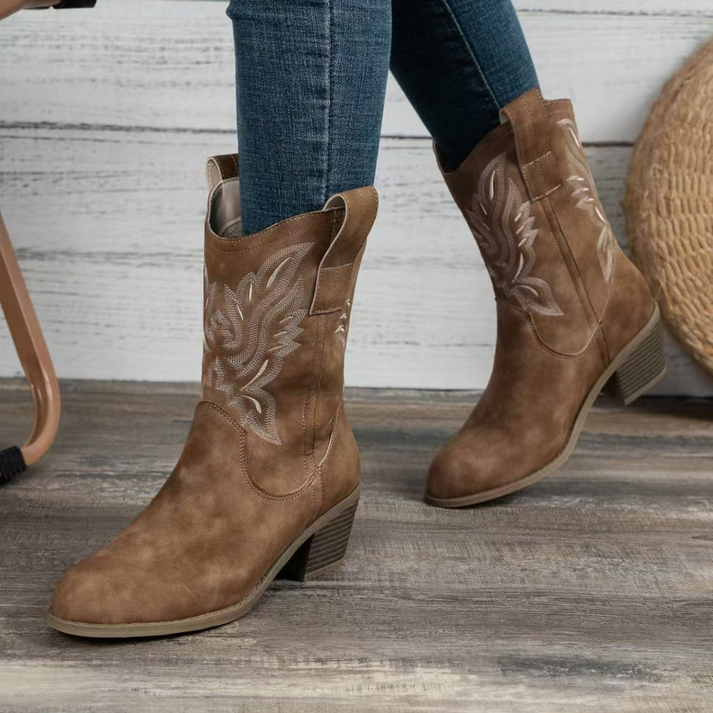 Embroidered Pull-On Western Mid Calf Boots