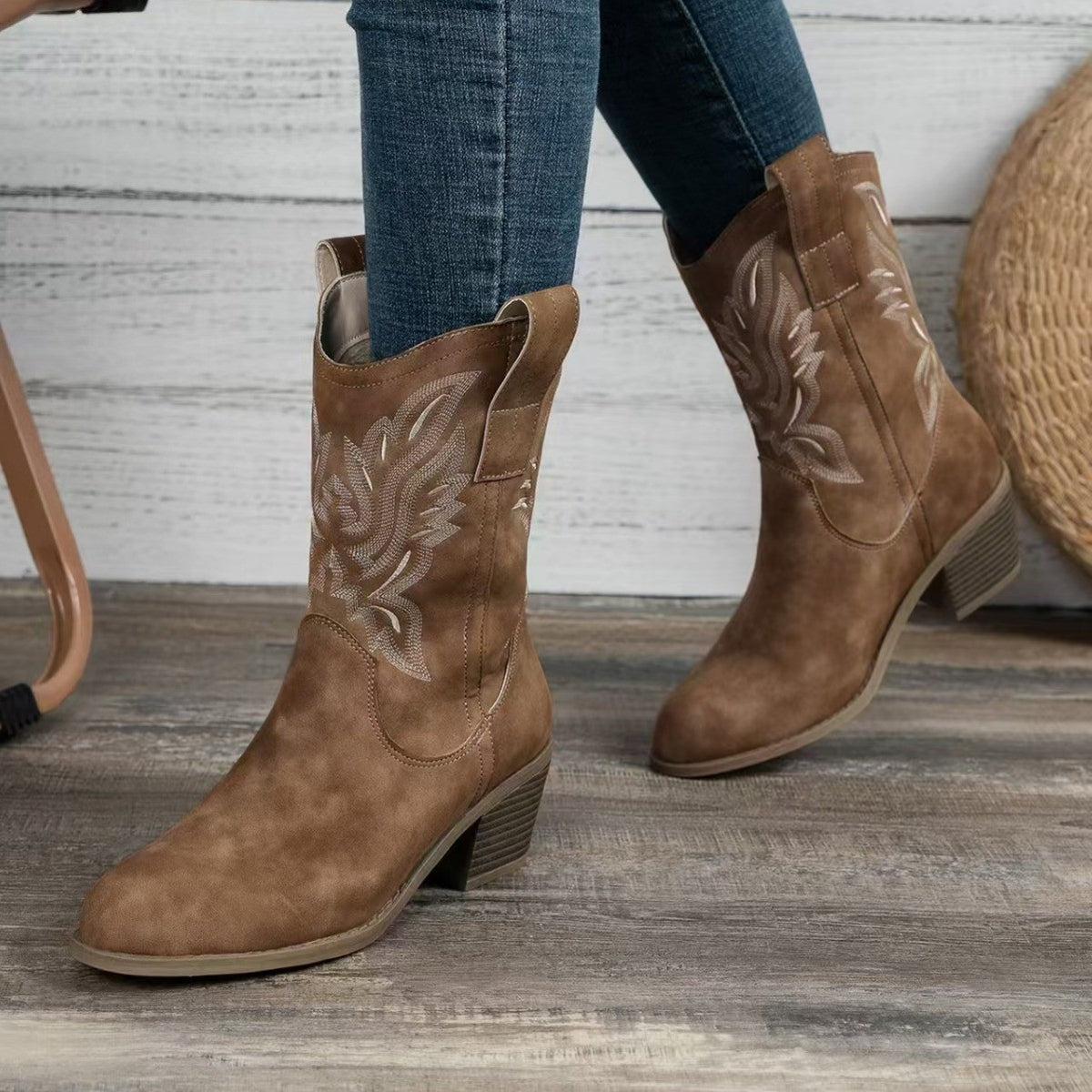 Embroidered Pull-On Western Mid Calf Boots