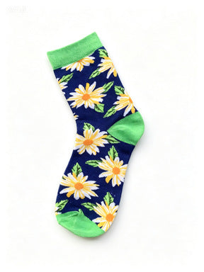 Painted Floral Crew Socks With Ribbed Cuffs - Daisy - 1