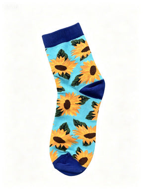 Painted Floral Crew Socks With Ribbed Cuffs - Sunflower