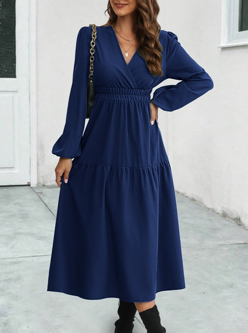 Surplice V Neck Tiered Long Sleeve Midi Dress - Darkblue