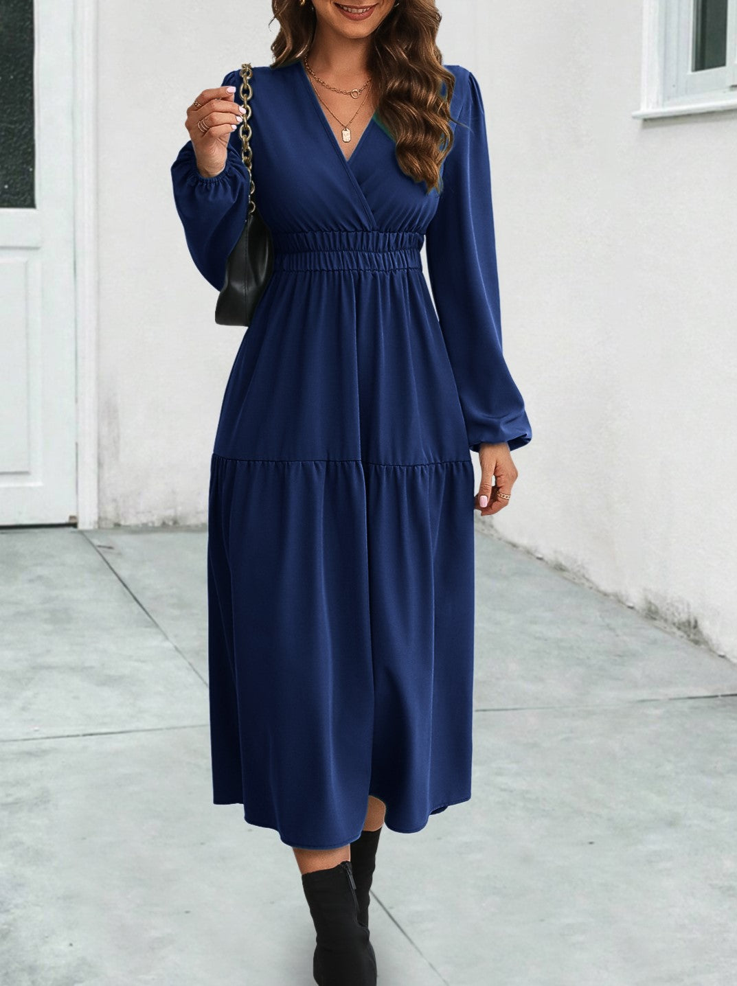 Surplice V Neck Tiered Long Sleeve Midi Dress - Darkblue - 3
