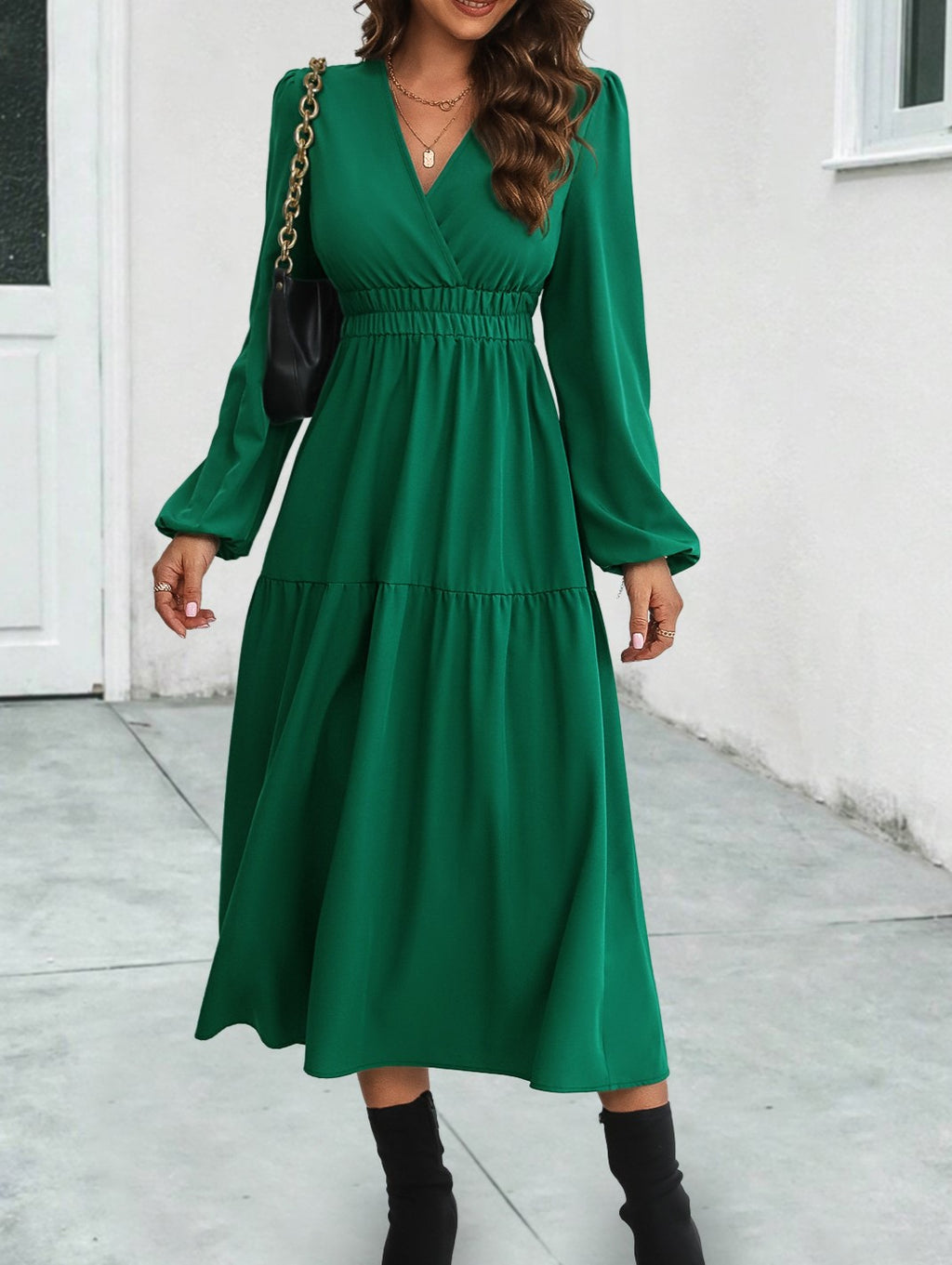 Surplice V Neck Tiered Long Sleeve Midi Dress - Green