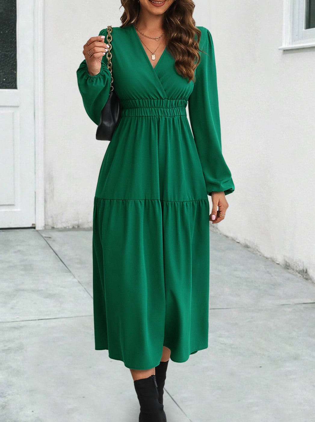 Surplice V Neck Tiered Long Sleeve Midi Dress - Green - 1
