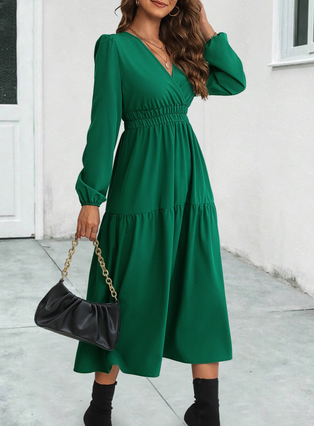 Surplice V Neck Tiered Long Sleeve Midi Dress - Green - 2