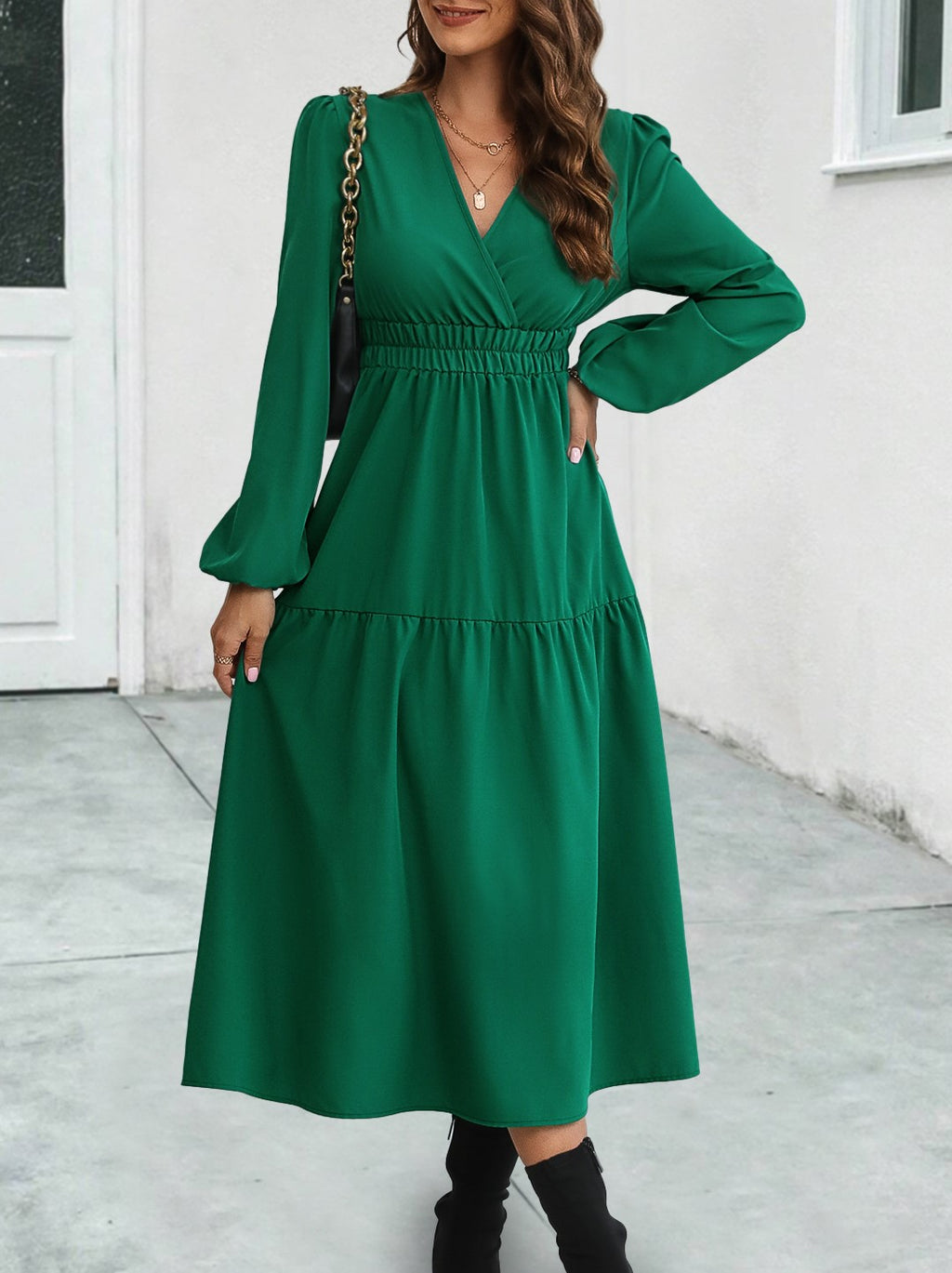 Surplice V Neck Tiered Long Sleeve Midi Dress