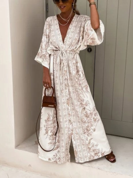 Boho Border Print Kimono Sleeve Maxi Dress - Beige