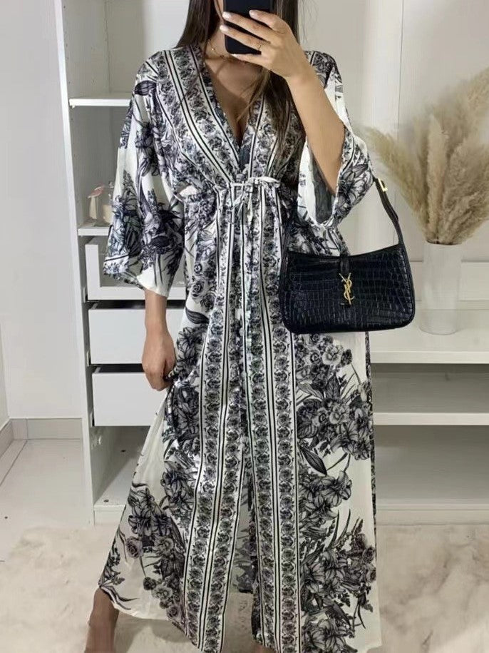 Boho Border Print Kimono Sleeve Maxi Dress - Black