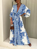 Boho Border Print Kimono Sleeve Maxi Dress - Blue