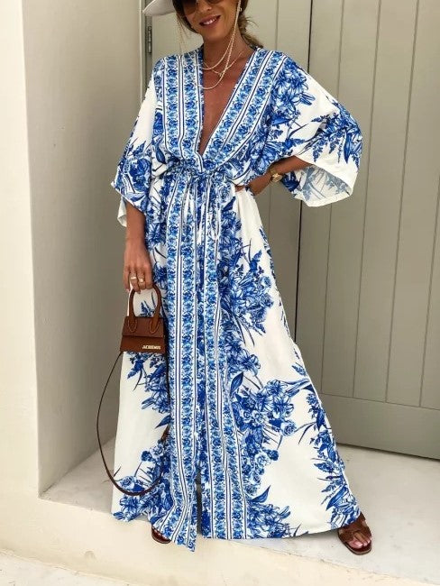 Boho Border Print Kimono Sleeve Maxi Dress - Blue
